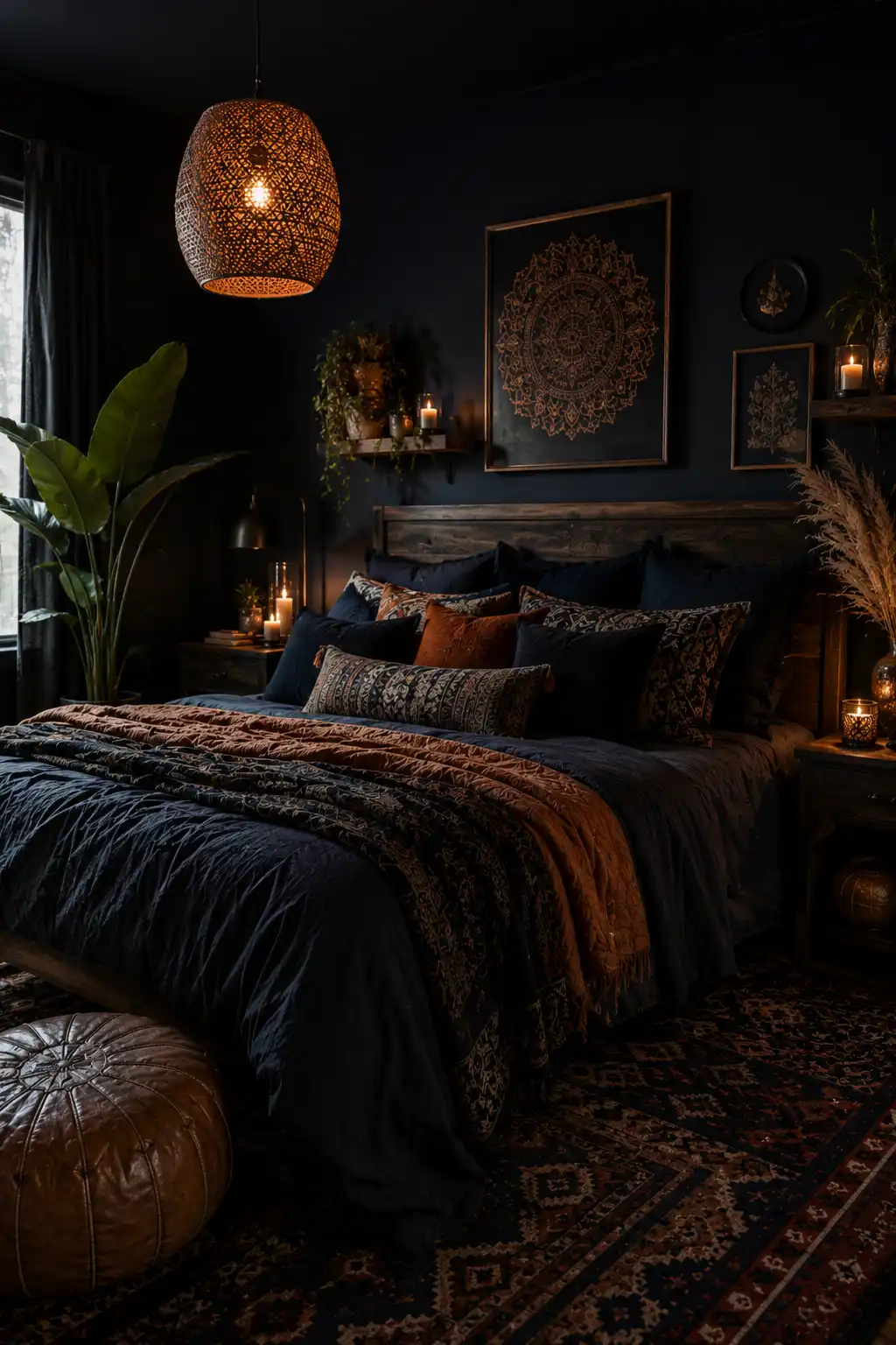 Boho bedroom with dark walls and cozy styling