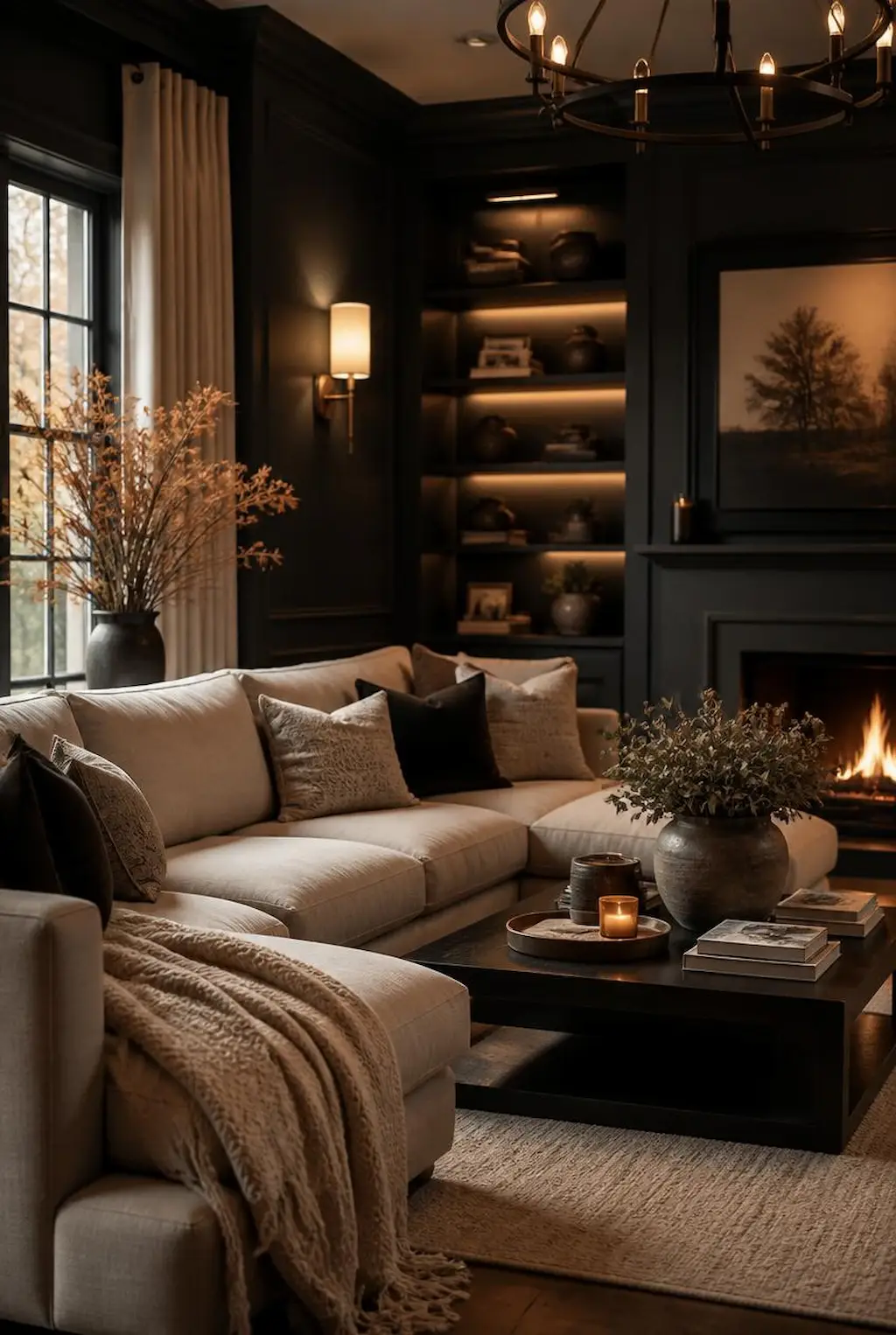 Dark living room with beige accents, cozy neutral decor, warm lighting and modern sofa styling