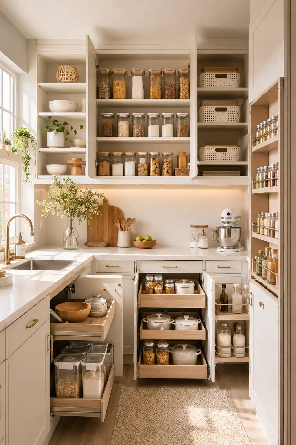 Organized small kitchen cabinets with decluttered grouped storage sections