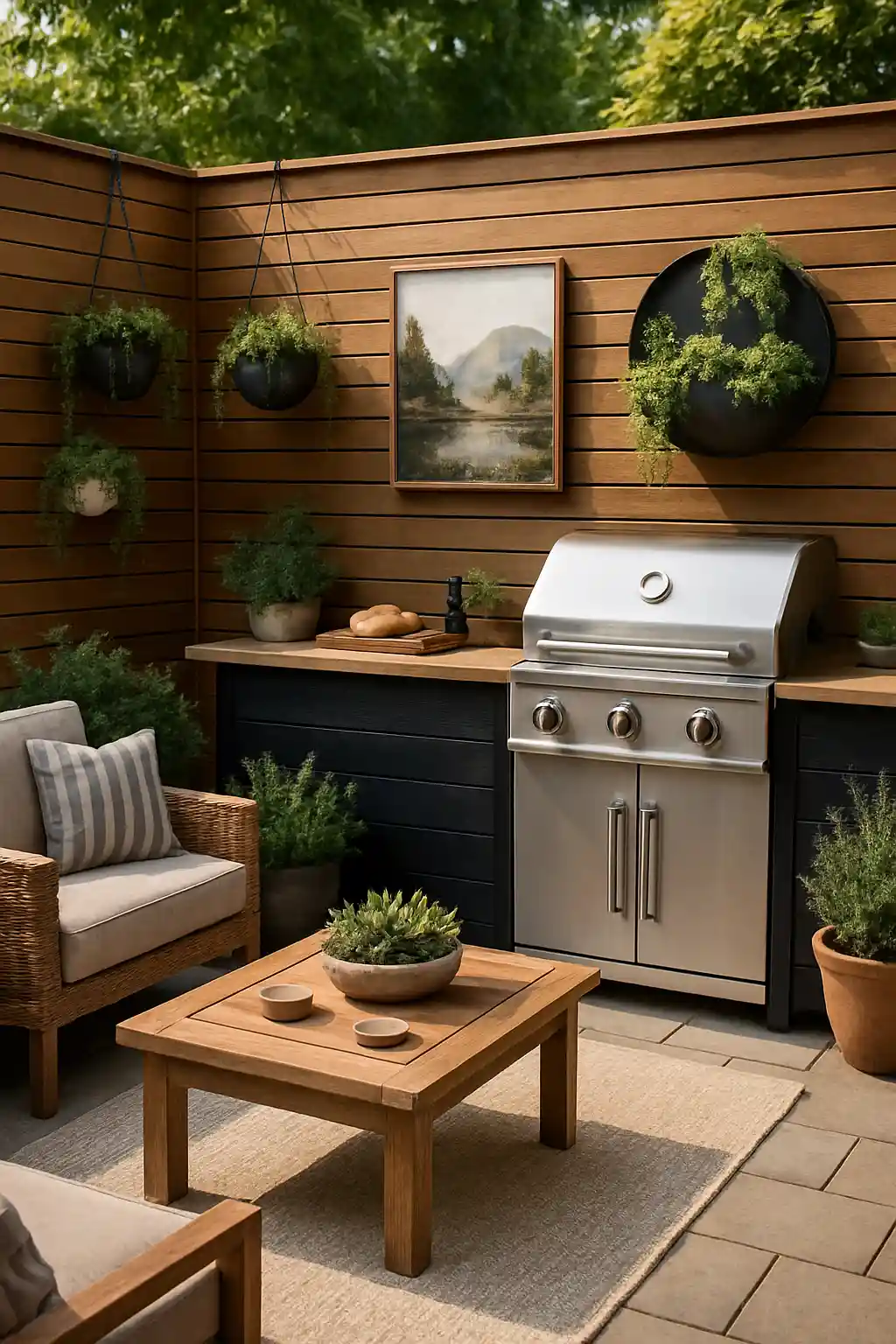 Outdoor BBQ area featuring wood slat walls, hanging planters, and stylish decor