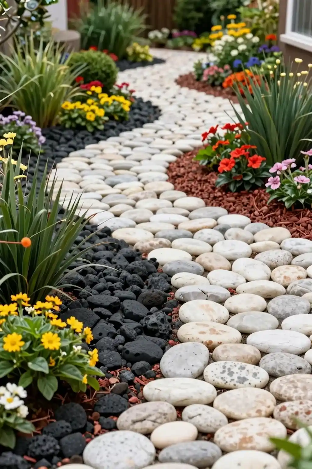 Backyard pathway with decorative colored gravel