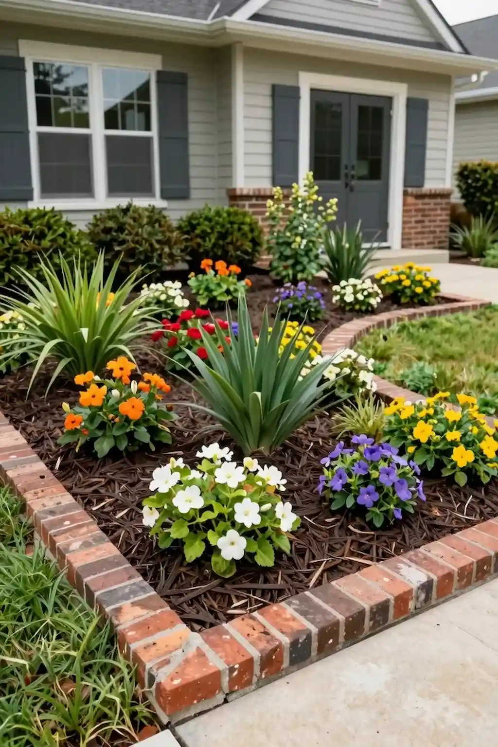 Flower bed with decorative brick edging and colorful garden plants