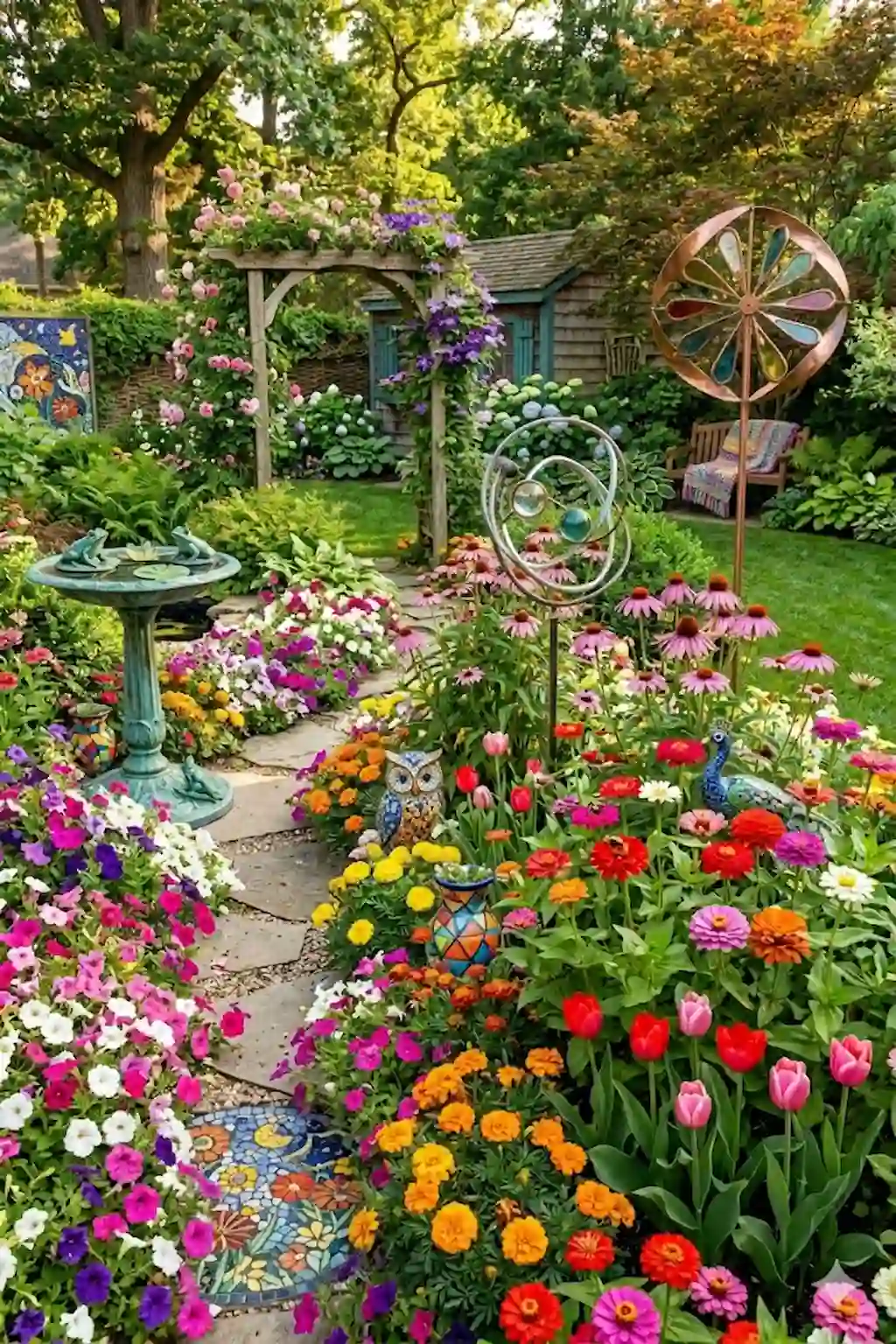 Backyard decorated with colorful garden art
