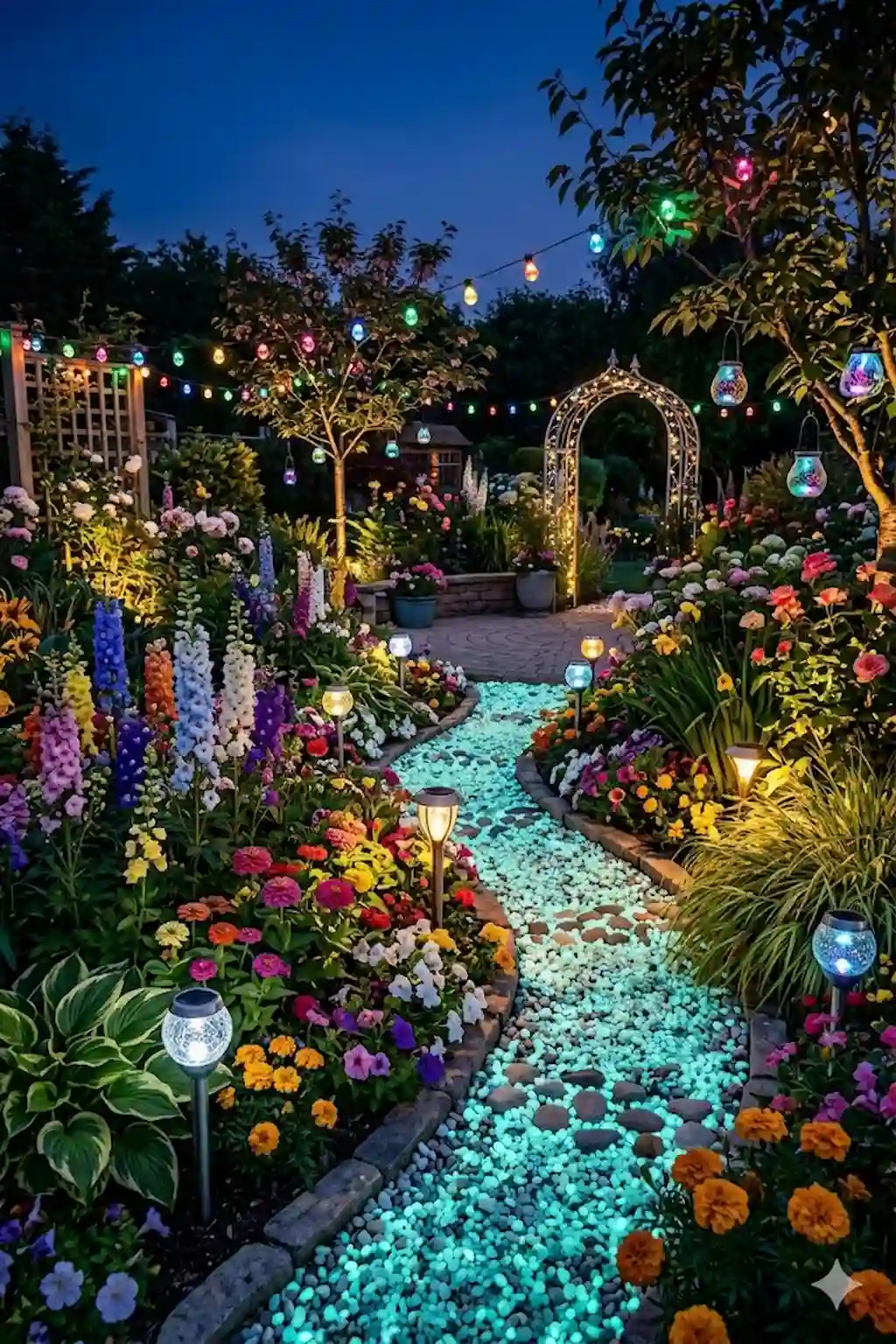 Flower beds decorated with stylish solar stake lights illuminating the landscape
