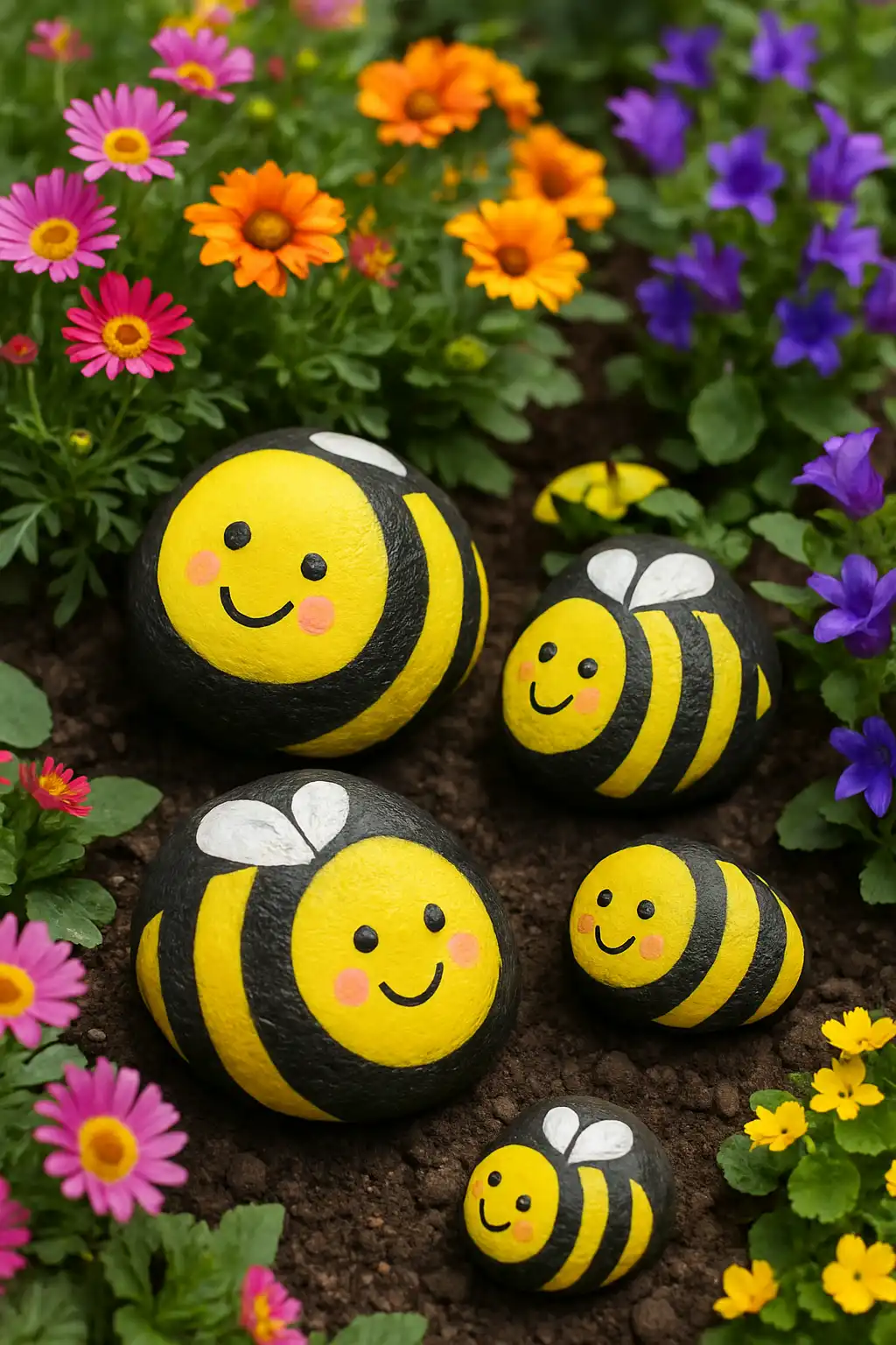 Cute bee-themed painted rocks displayed among bright flowers