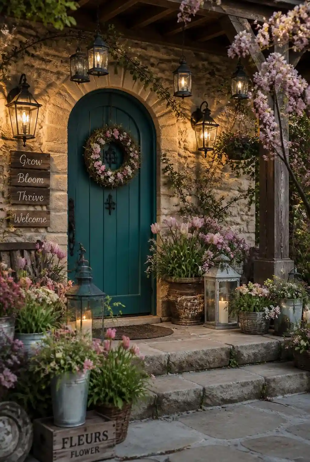 Spring planters styled with lanterns, stones, and decorative accents