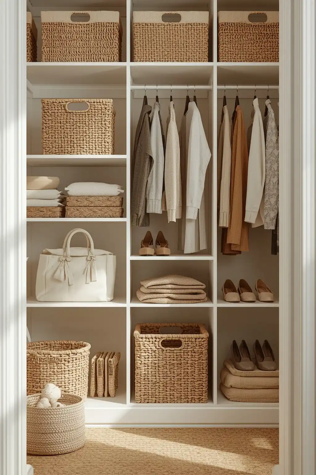 Small wardrobe with woven storage baskets and accessories