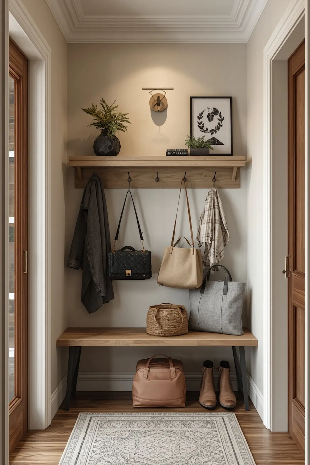 Hallway with decorative wall hooks for coats and bags
