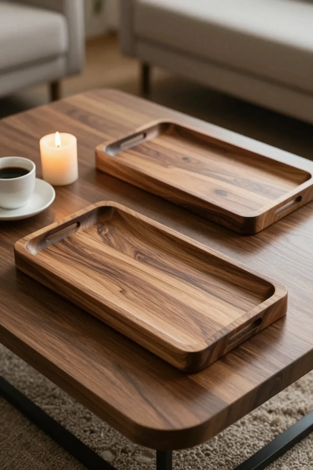 Decorative wooden serving trays styled with cozy home decor accessories