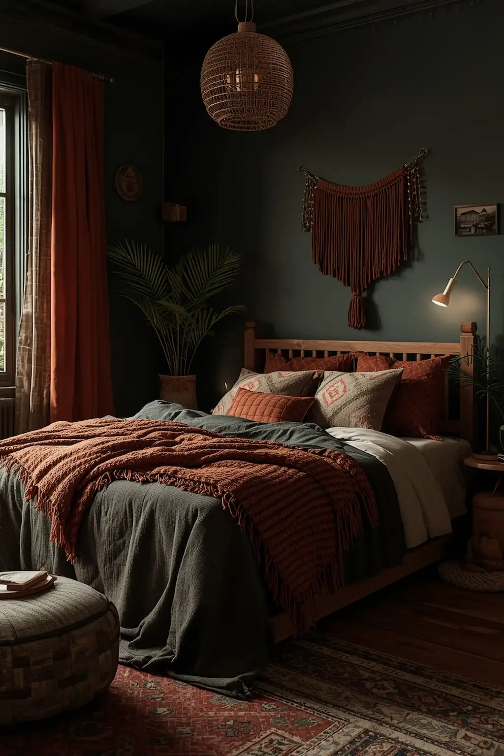 Moody boho bedroom with deep earthy tones and cozy textures