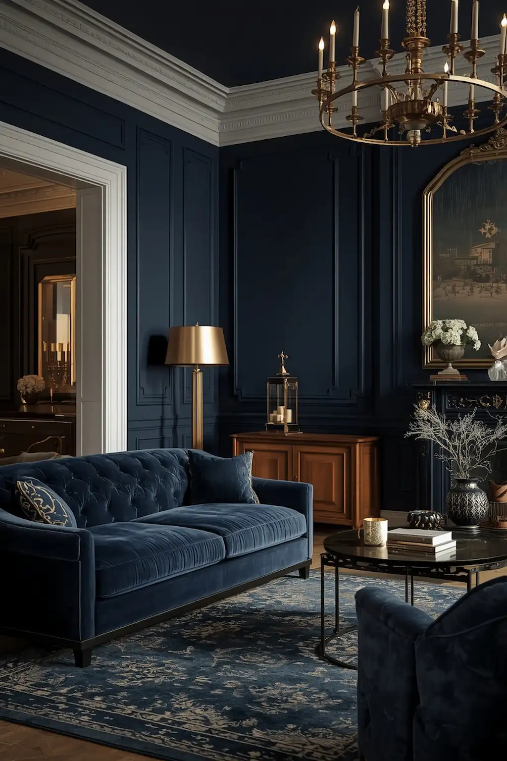Elegant navy blue living room with gold accents and velvet textures