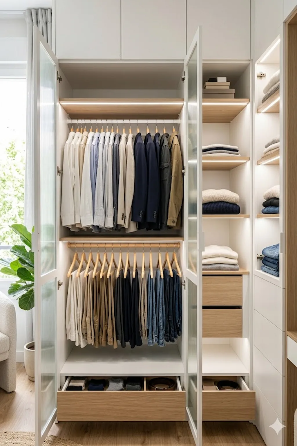 Wardrobe with double hanging rails maximizing storage
