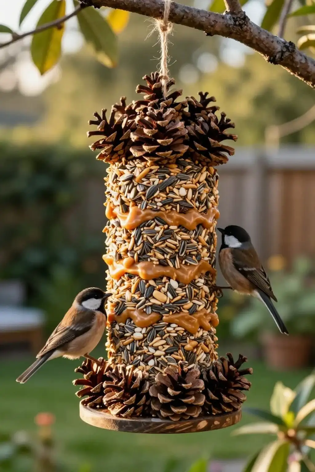 Thick layered pine cone feeder with extra birdseed coating