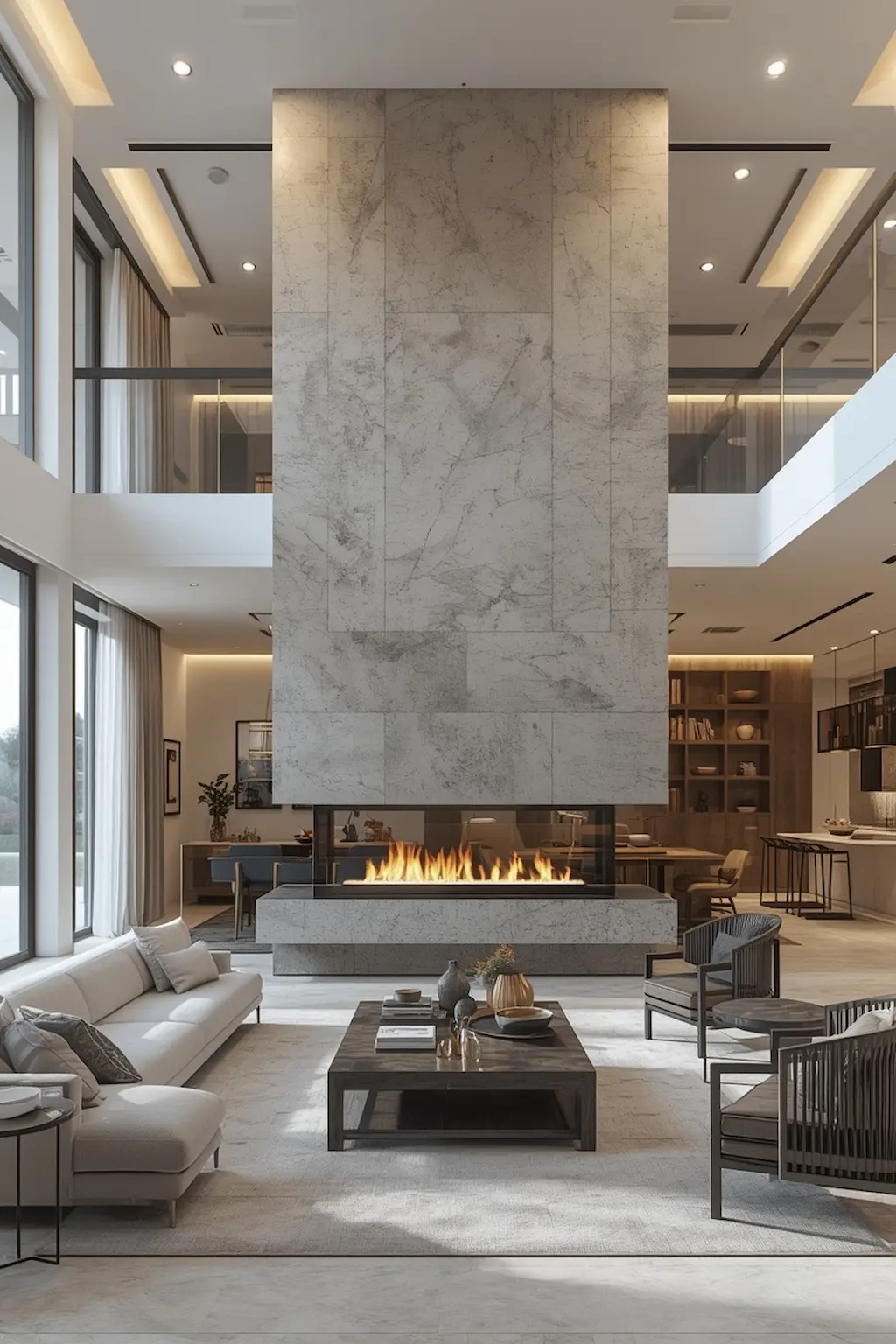open-concept living room with double-sided modern fireplace divider