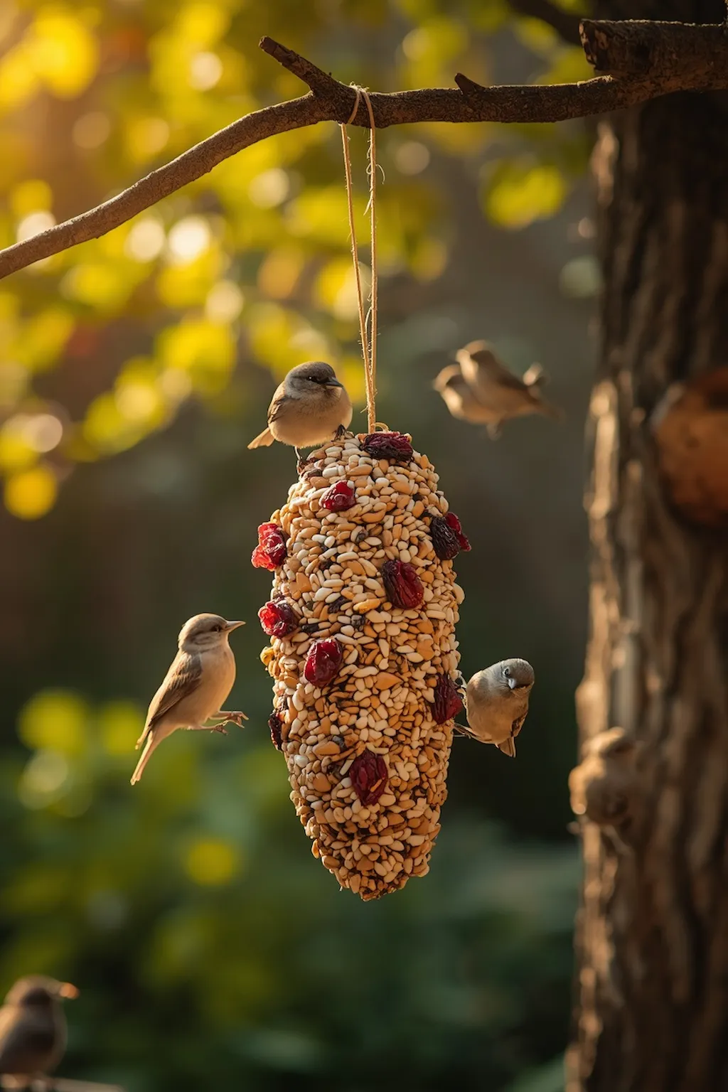 Pine cone feeder decorated with dried fruit and birdseed for birds