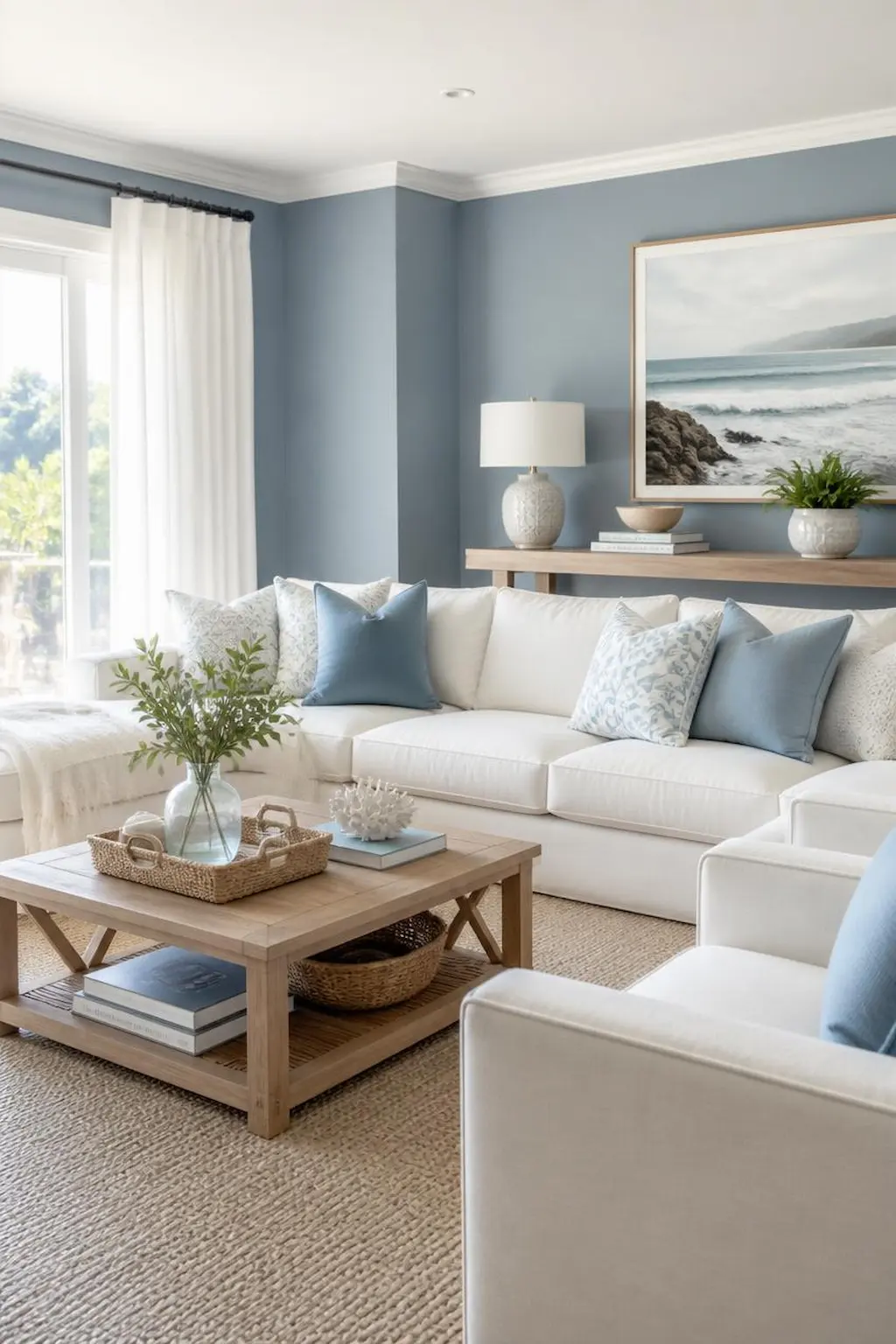 Dusty blue living room with coastal decor and airy natural lighting