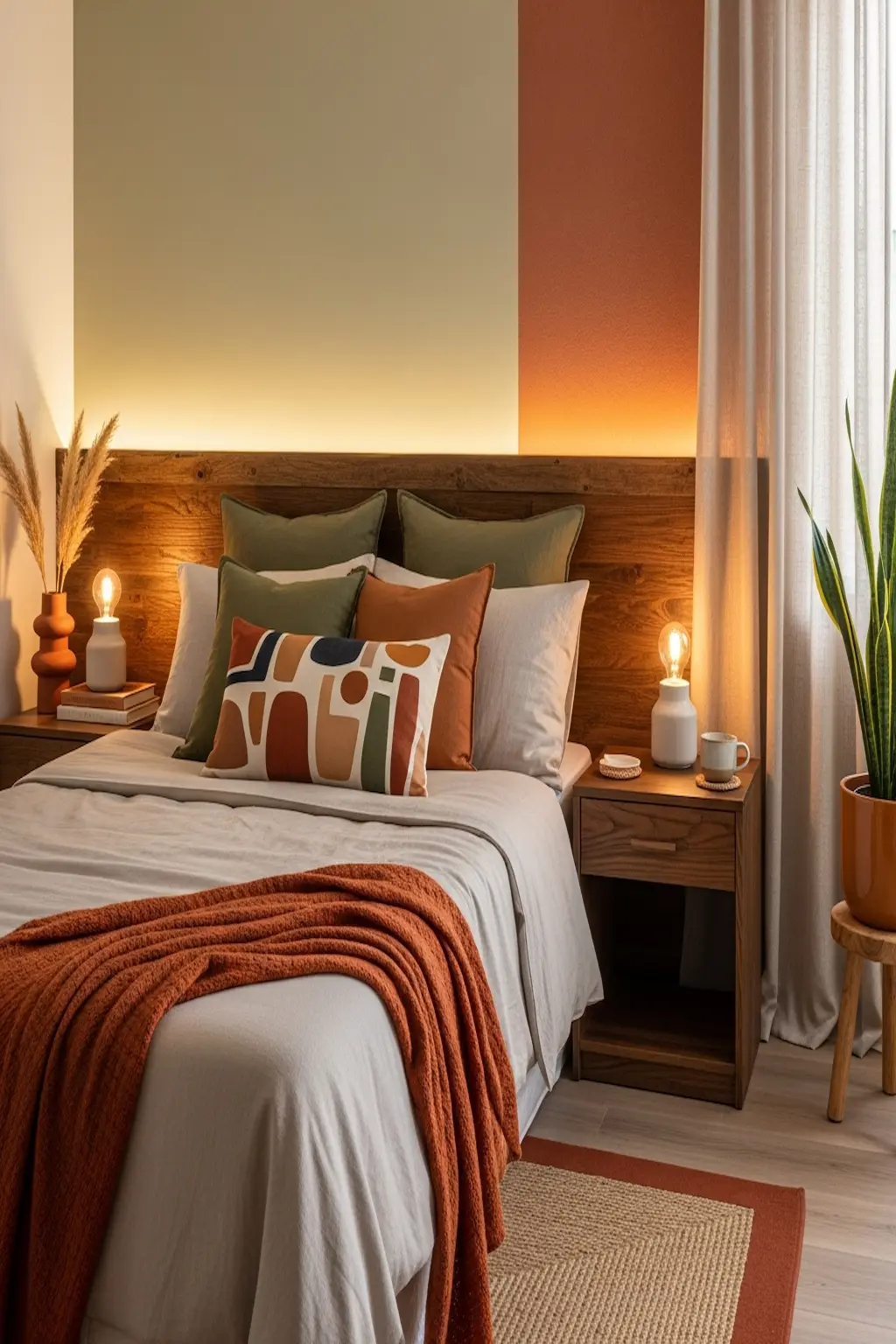 Cozy small bedroom with warm earth tone accents and natural textures.