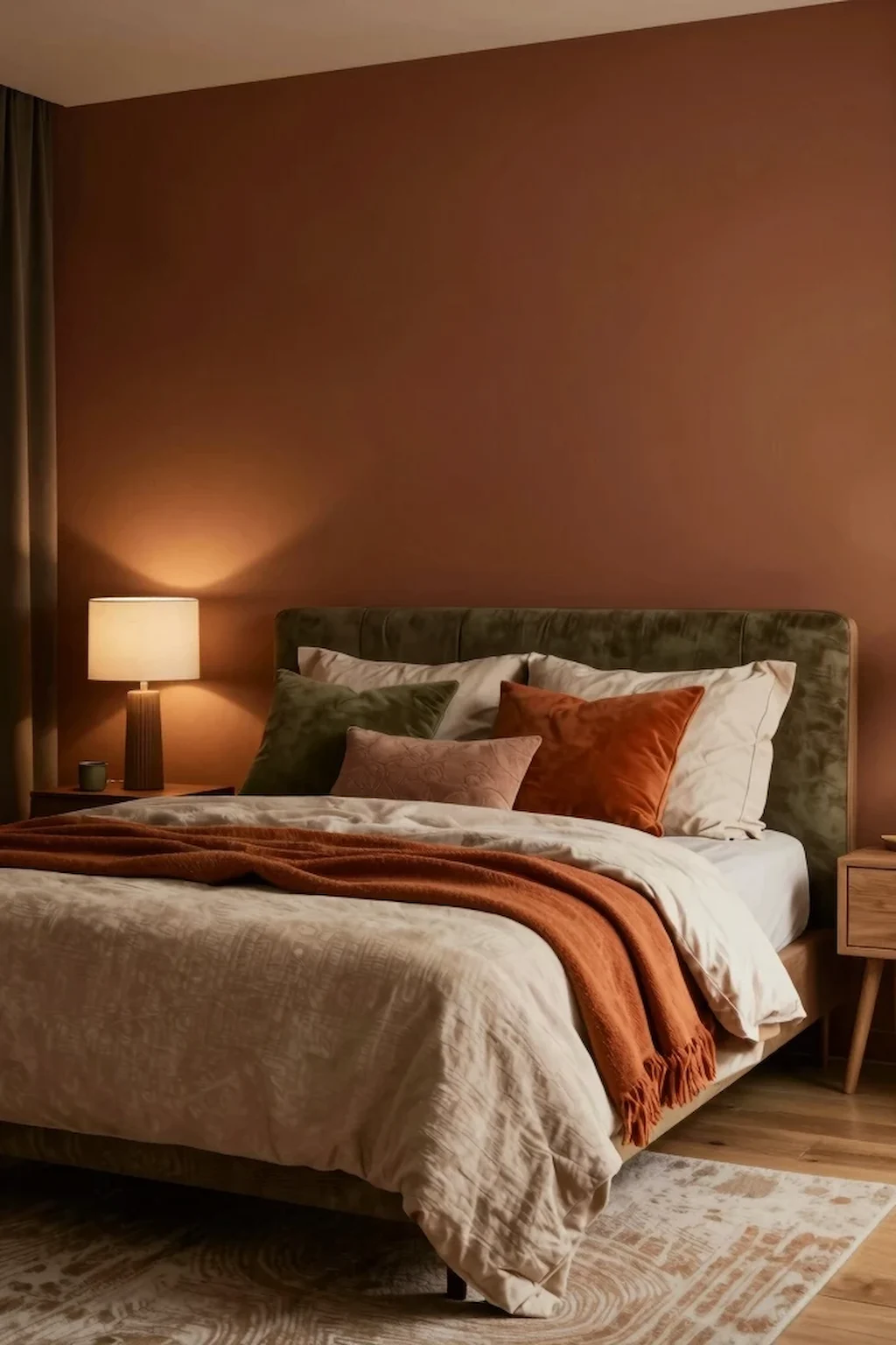 Warm earth tone bedroom with terracotta bedding, wooden furniture, and cozy textures.
