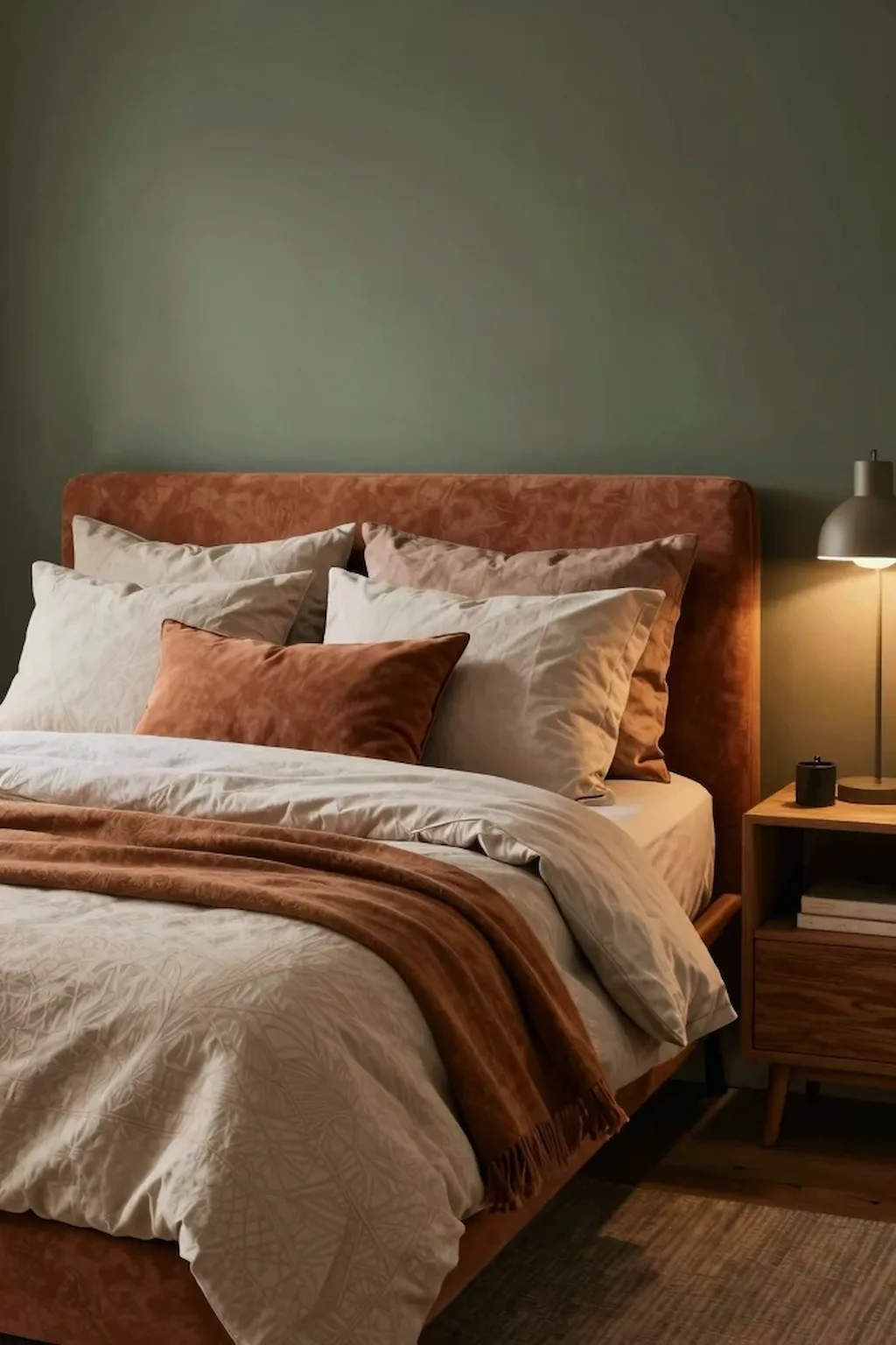 Warm earth tone bedroom with cozy layered bedding and wood accents.