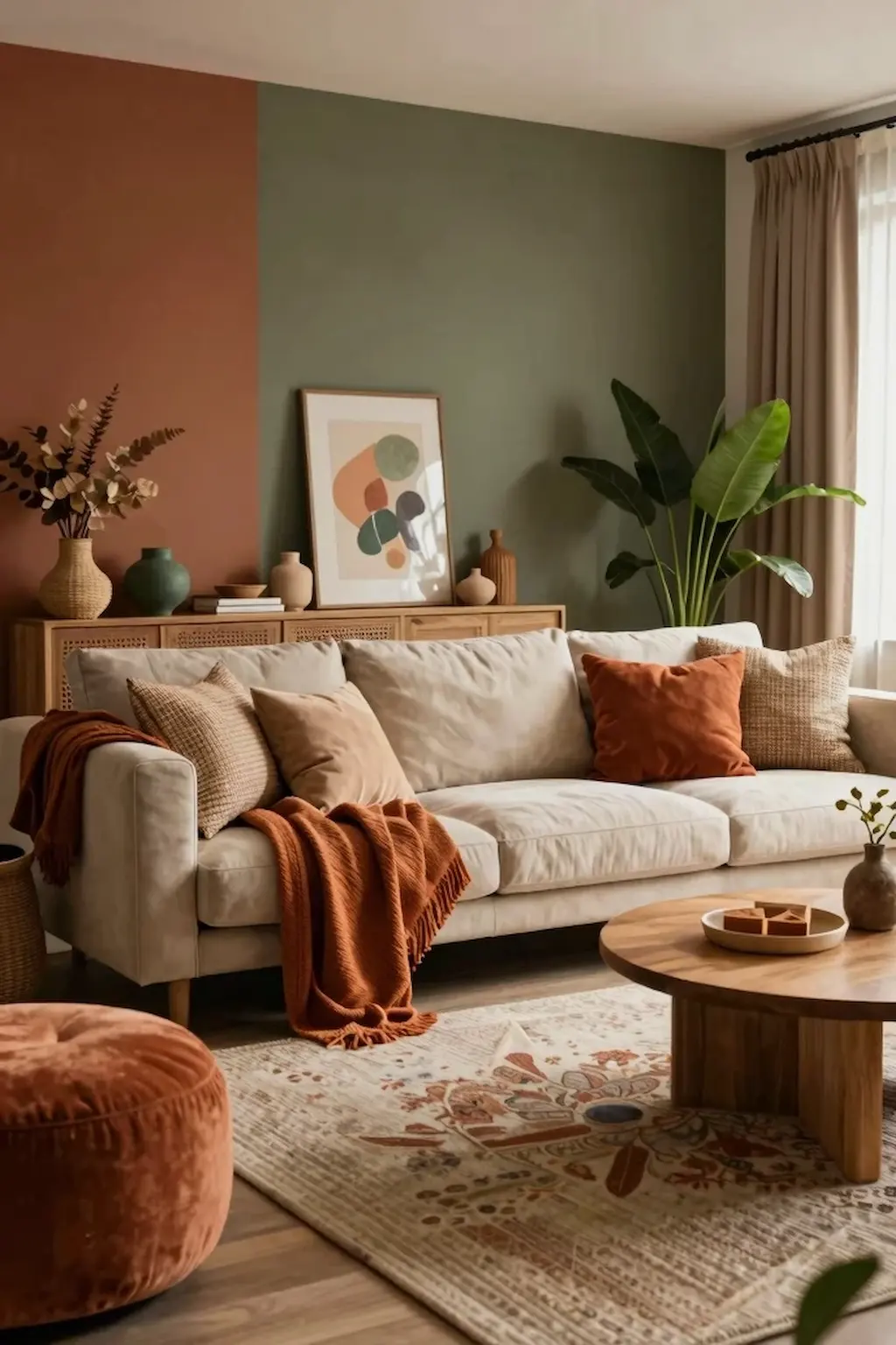 Earthy boho living room with terracotta and olive green decor