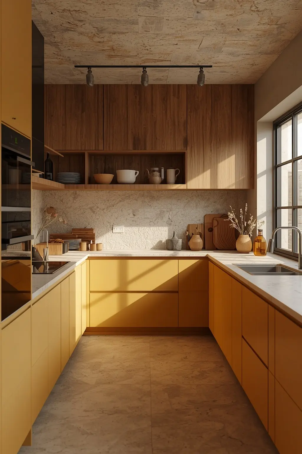 Earthy mustard yellow kitchen cabinets combined with wood and stone finishes