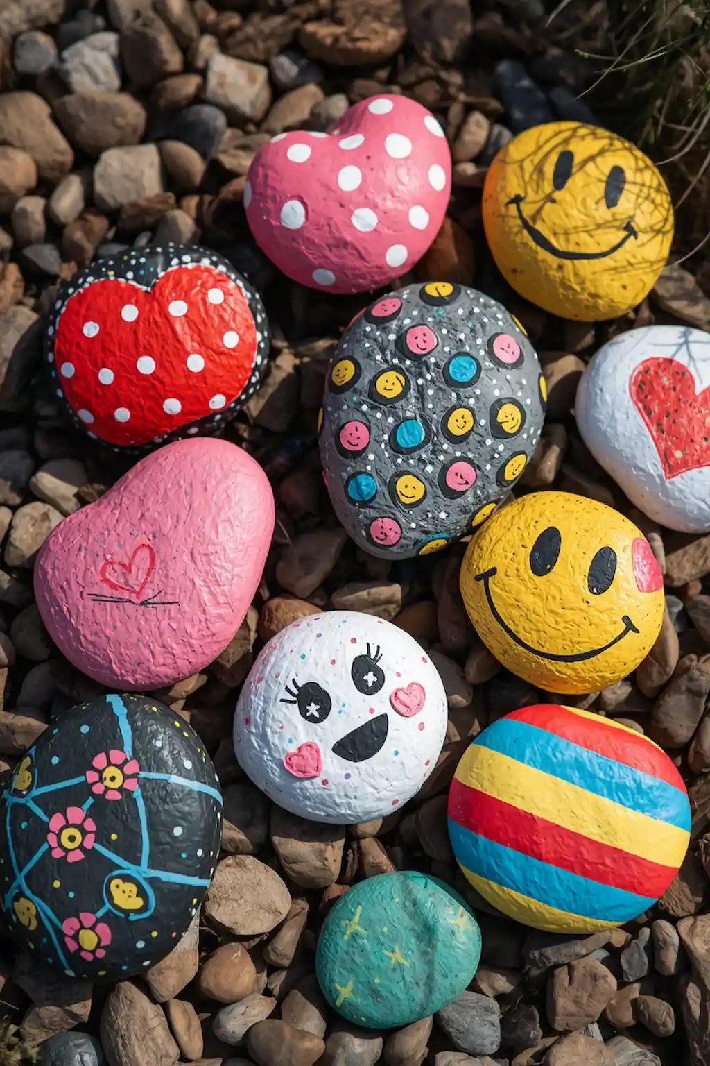 Simple painted rocks featuring hearts, polka dots, smiley faces, and stripes