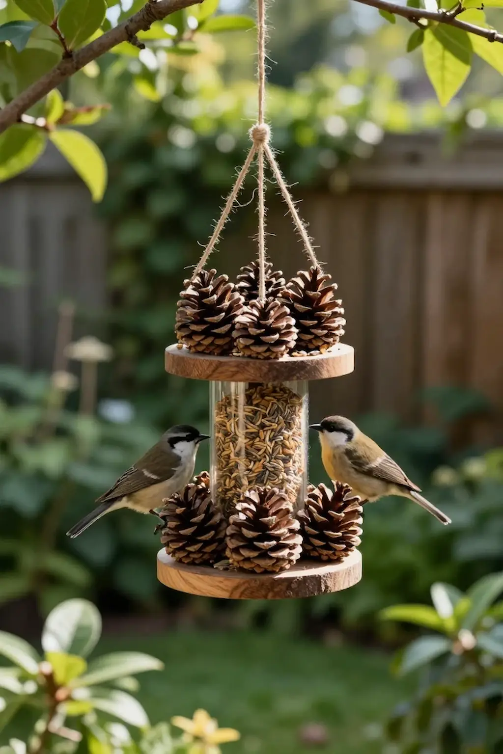 Natural pine cone feeder made with organic materials in garden