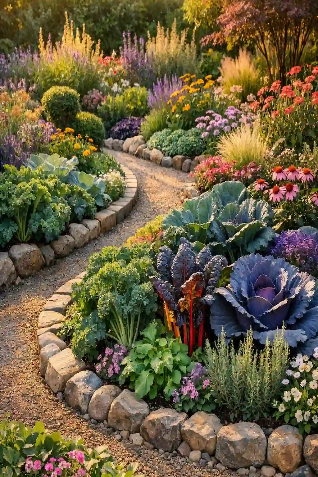 Beautiful edible landscape garden with vegetables and ornamental plants