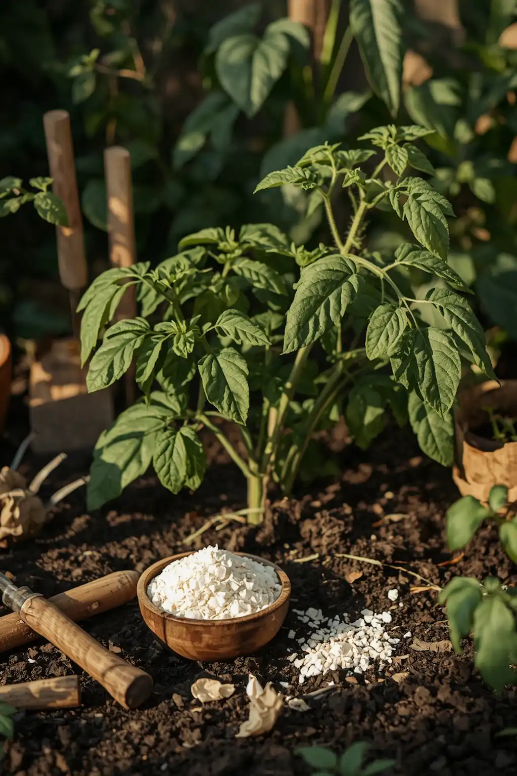 Crushed eggshells being used as natural fertilizer around garden plants