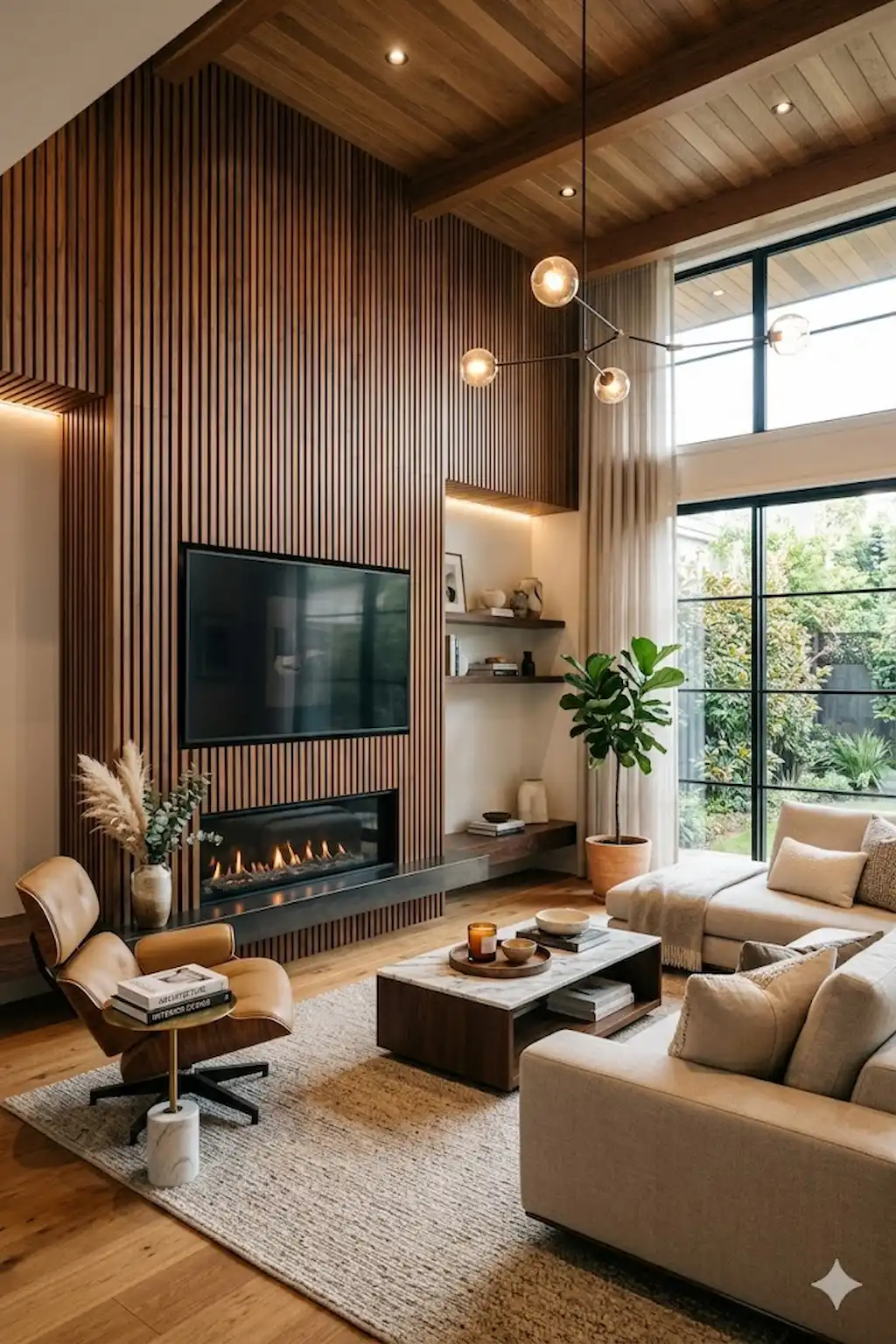 Modern wood slat wall featuring an electric fireplace and mounted television