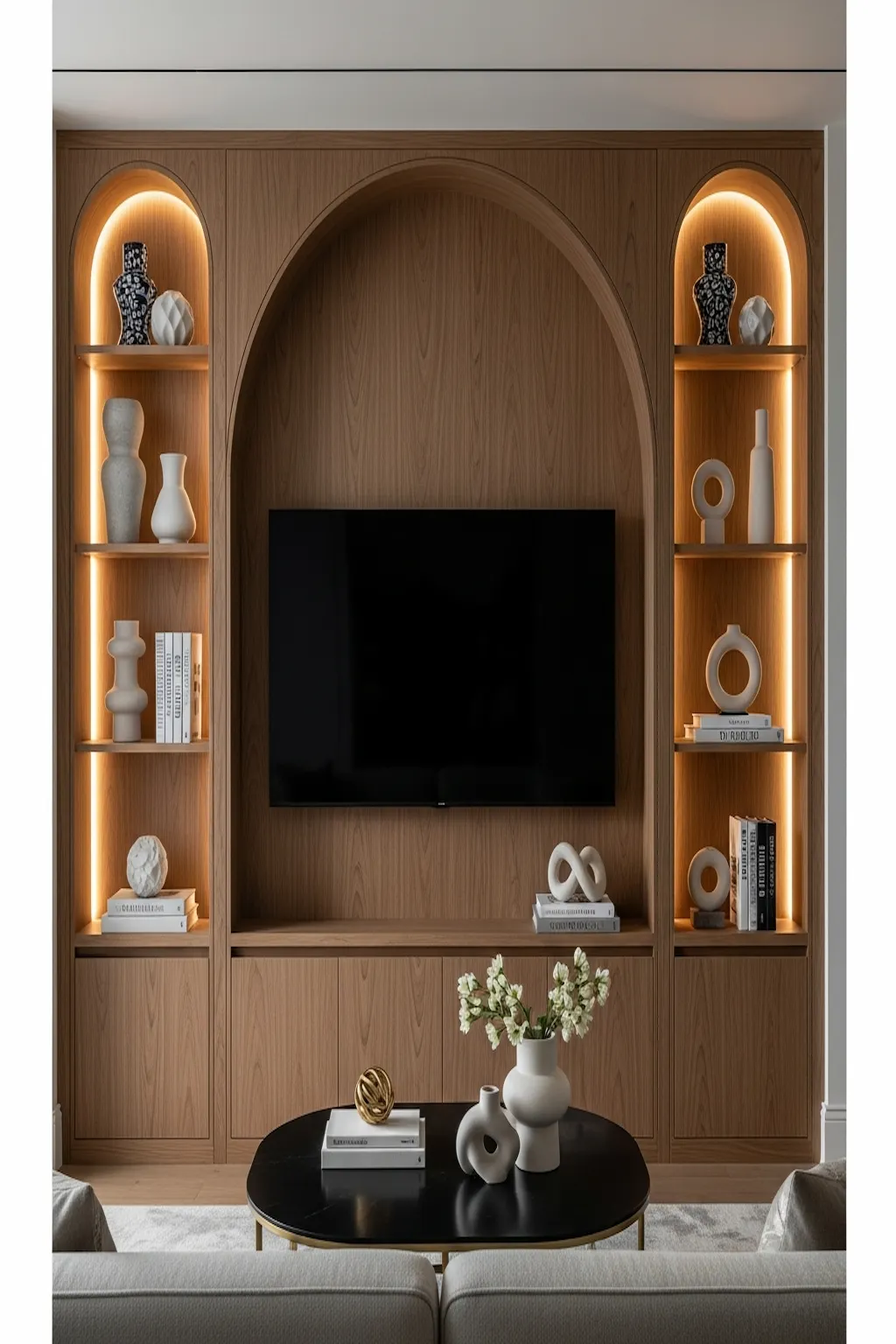 TV cabinet with arched shelving and elegant built-in design