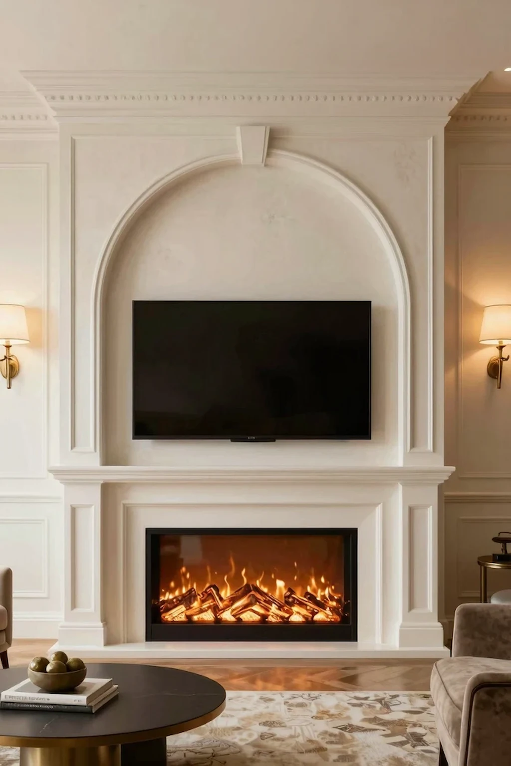 Arched fireplace wall with electric fireplace and TV creating a custom luxury look.