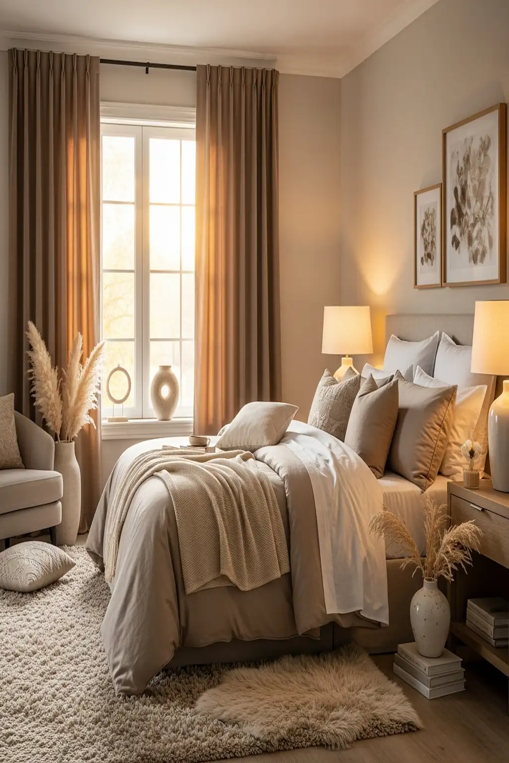 Cozy bedroom with floor-to-ceiling curtains and warm elegant decor.