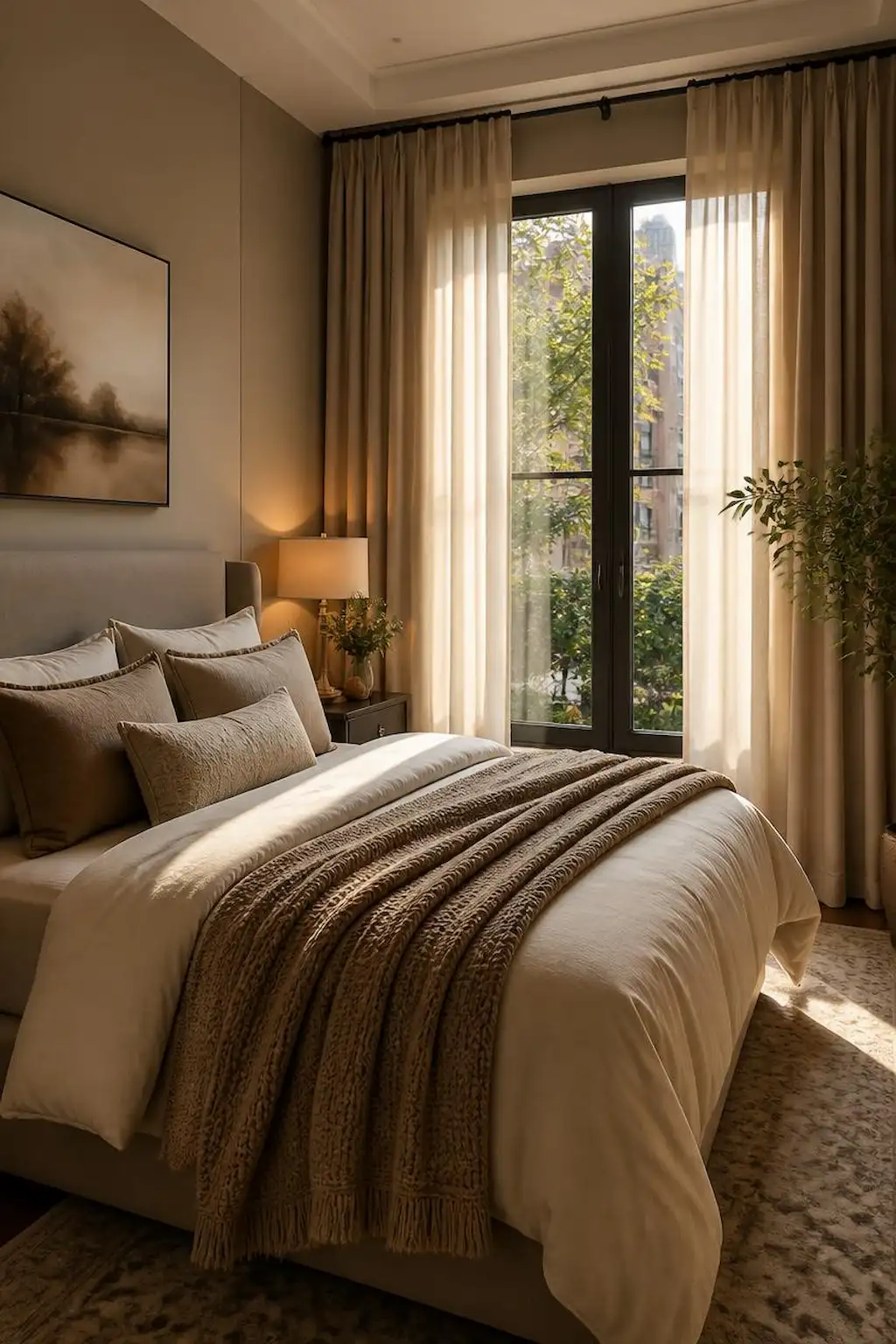 Small bedroom with floor-to-ceiling curtains and soft warm cozy decor.
