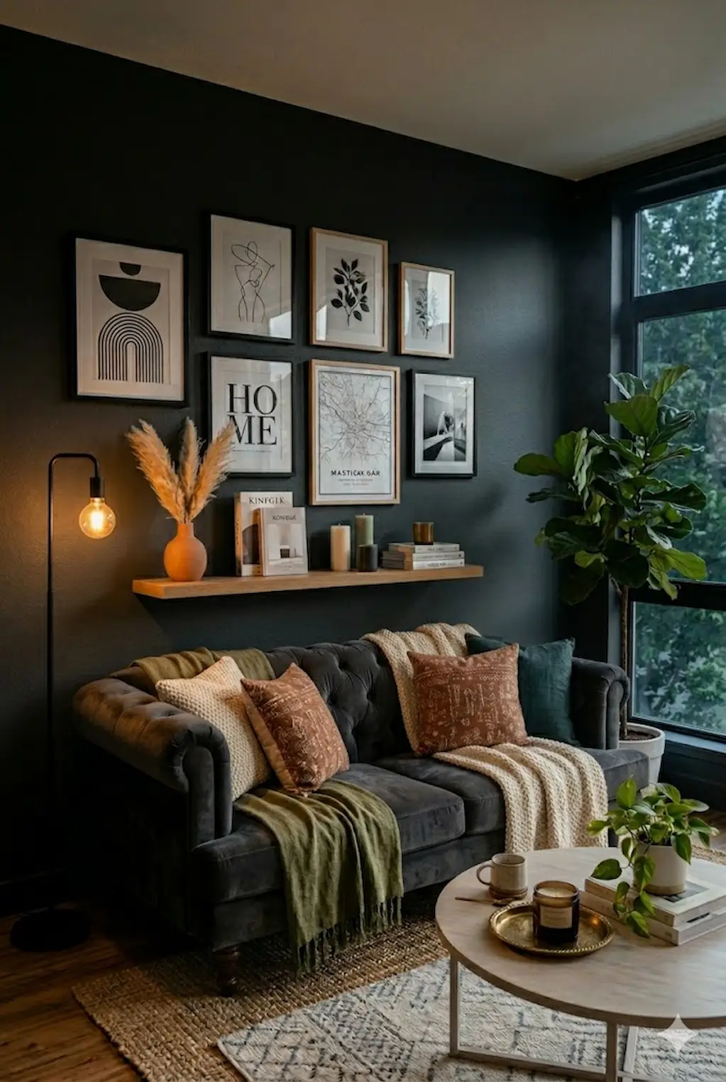 Modern dark living room with statement velvet sofa, cozy decor and warm ambient lighting