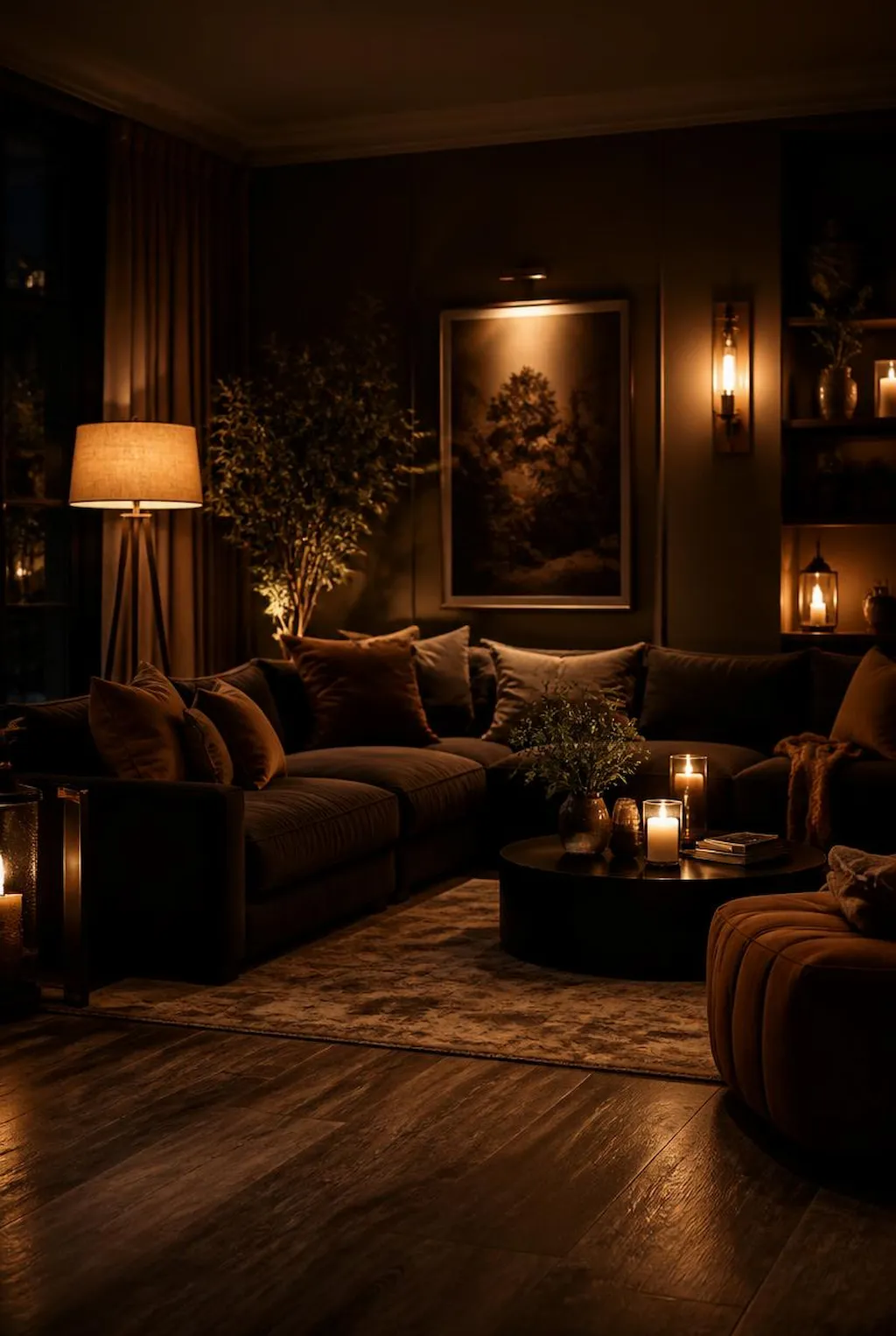 Modern dark living room with statement velvet sofa, cozy decor and warm ambient lighting