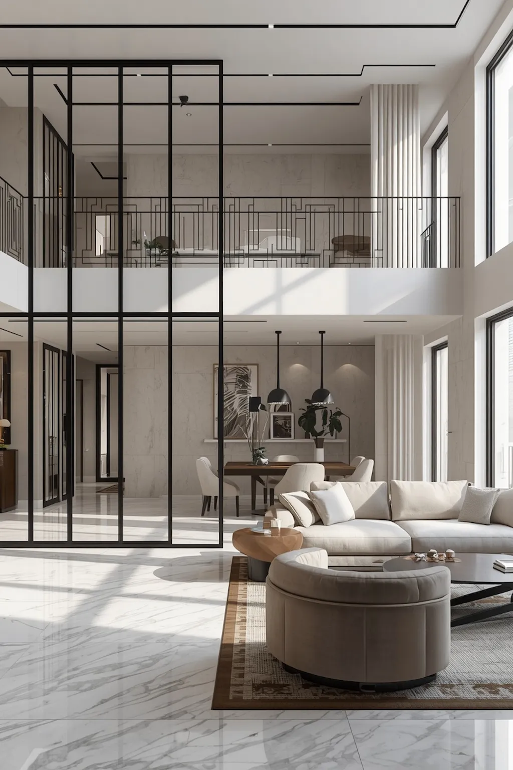 luxury living room with black framed glass divider and modern decor