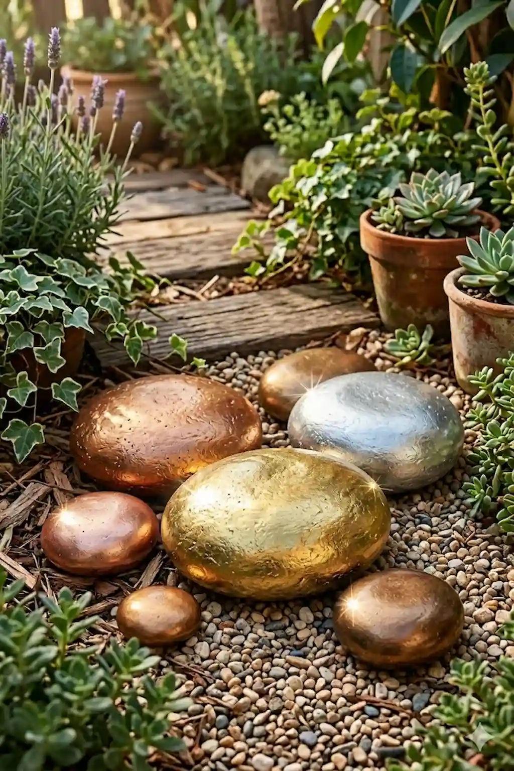 Decorative metallic-painted rocks featuring gold, silver, bronze, and copper finishes