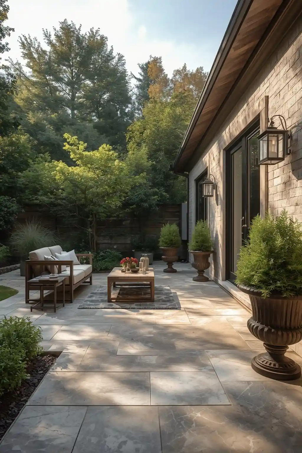 Luxury backyard patio with natural stone flooring and landscaped garden surroundings