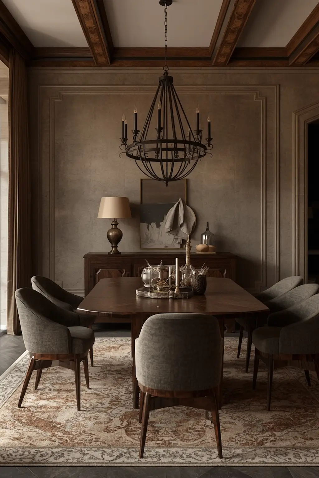Rustic dining room featuring dark wood furniture, statement chandelier, and warm neutral decor
