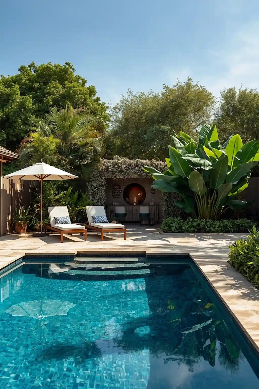 Luxury swimming pool surrounded by elegant travertine outdoor flooring