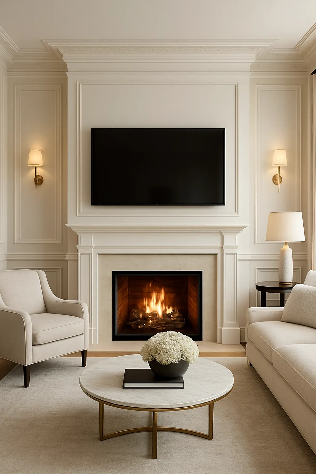 White paneled fireplace TV wall with classic molding and timeless luxury design