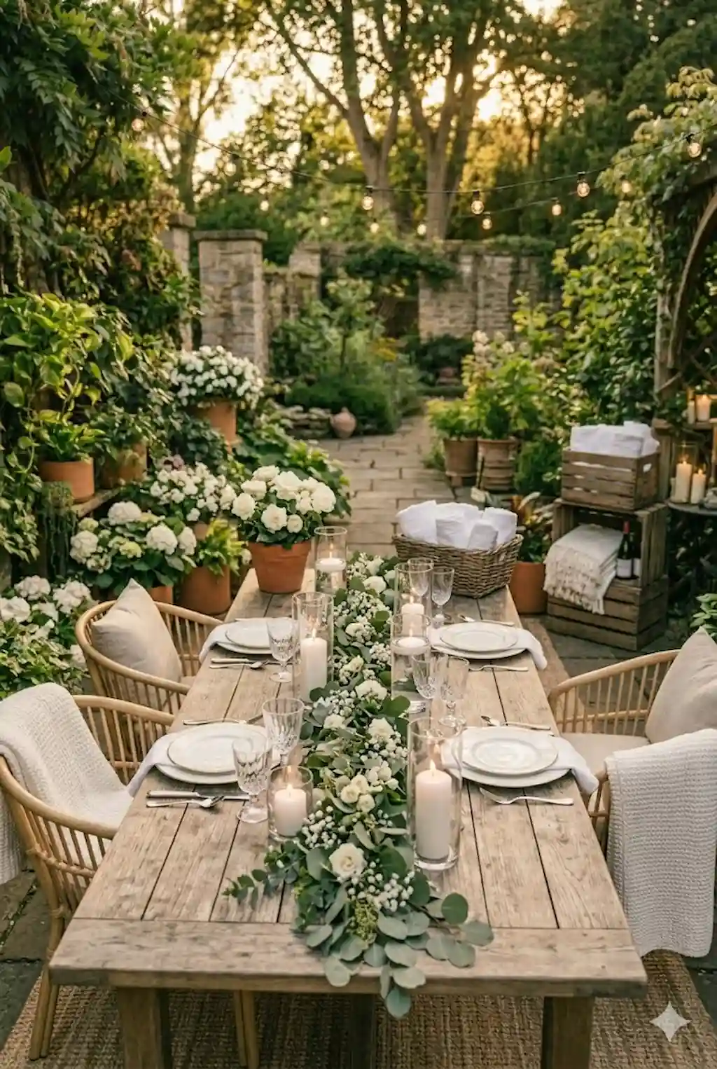 Sophisticated white and greenery outdoor garden party setup