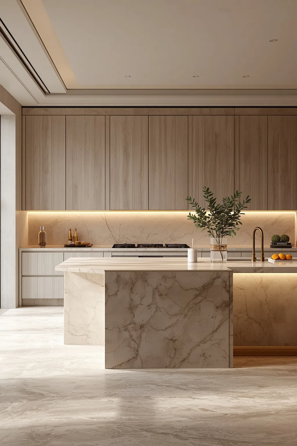 Elegant kitchen with marble countertops and modern organic style