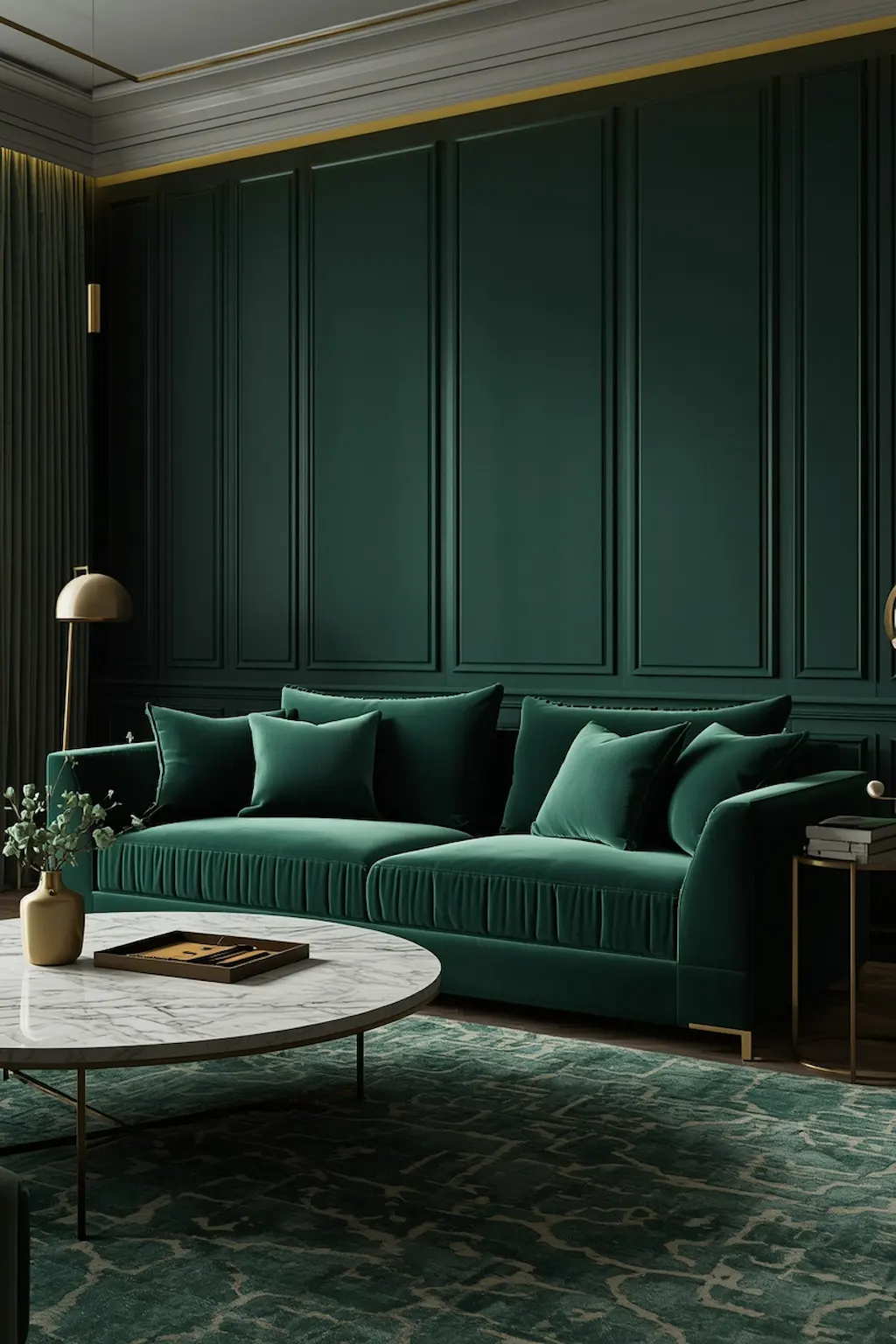 Emerald green velvet couch styled with luxurious gold accents and modern decor