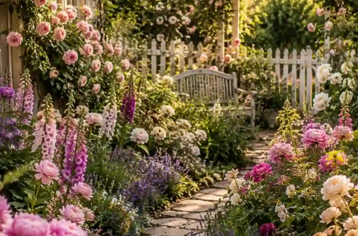 Romantic cottage garden with overflowing flowers, winding stone pathway, climbing roses, and vintage outdoor seating in a dreamy storybook setting.