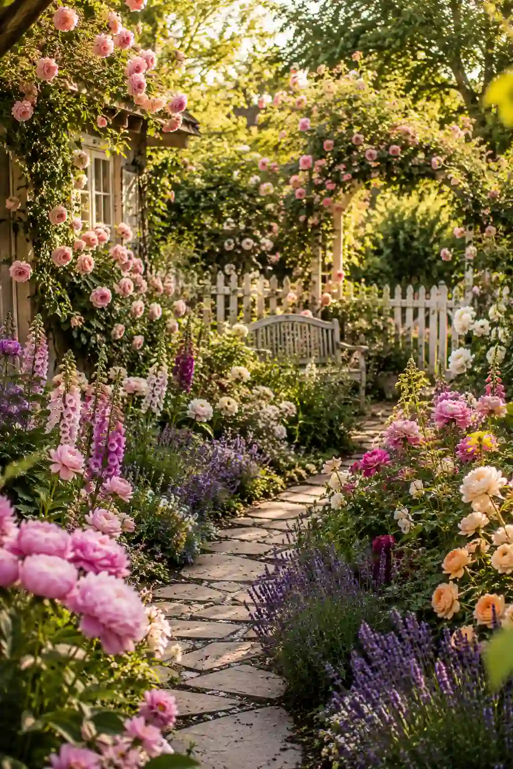 Romantic cottage garden with overflowing flowers, winding stone pathway, climbing roses, and vintage outdoor seating in a dreamy storybook setting.