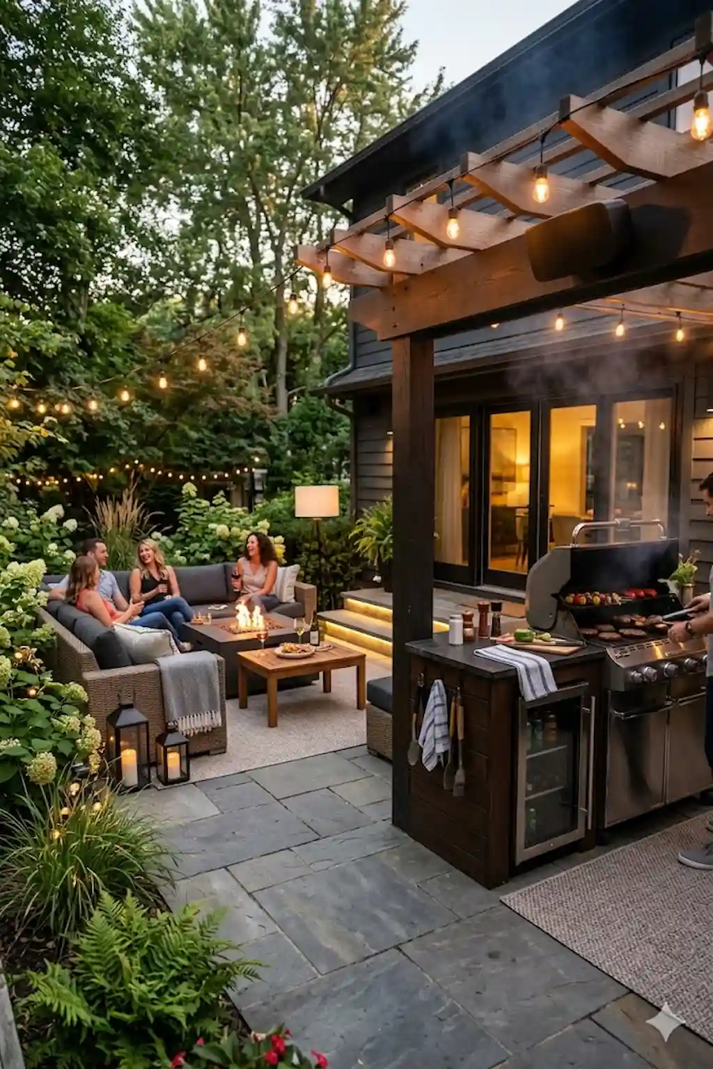 Stylish BBQ patio featuring outdoor speakers and modern entertaining setup