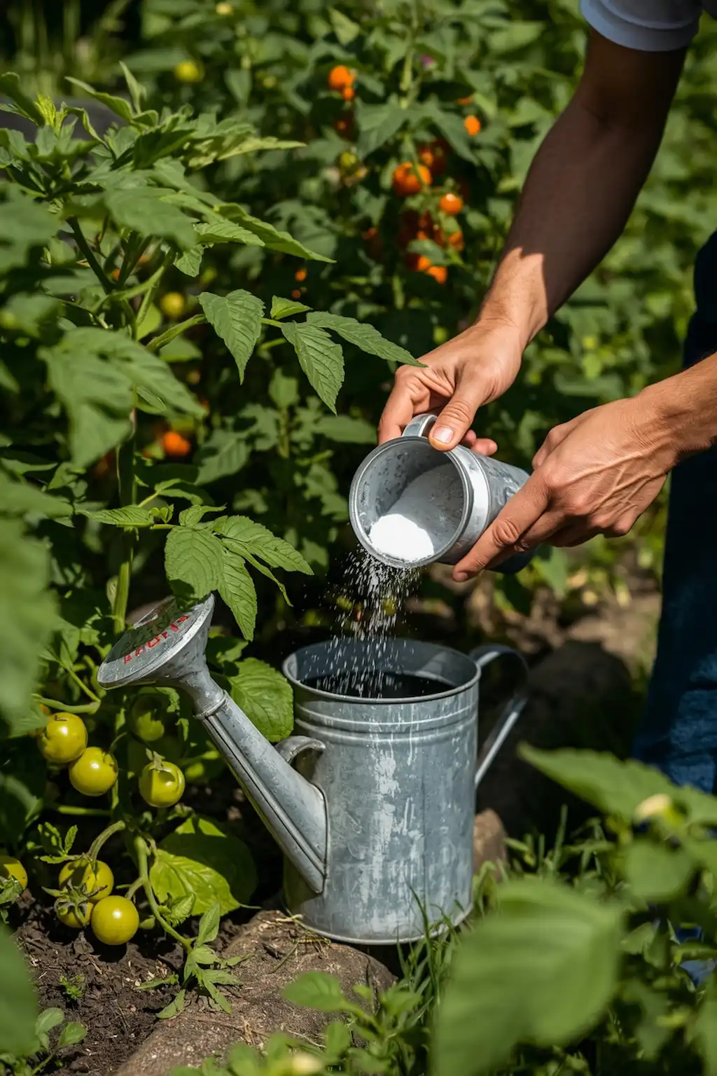Epsom salt being used to help plants grow greener and healthier.