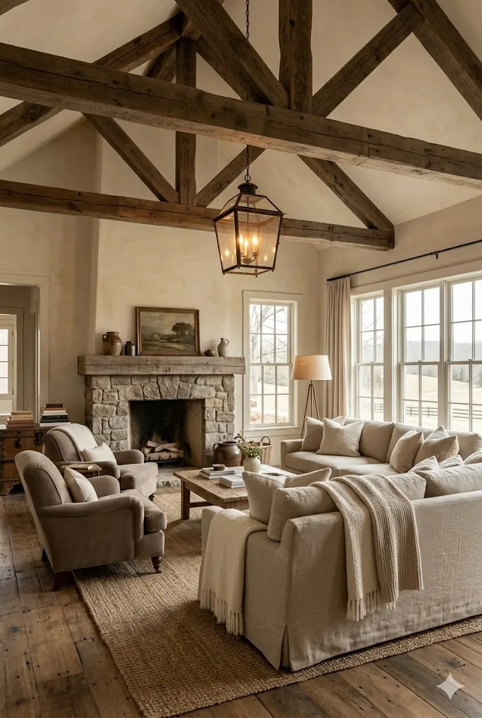 Living room with rustic exposed wooden beams on ceiling